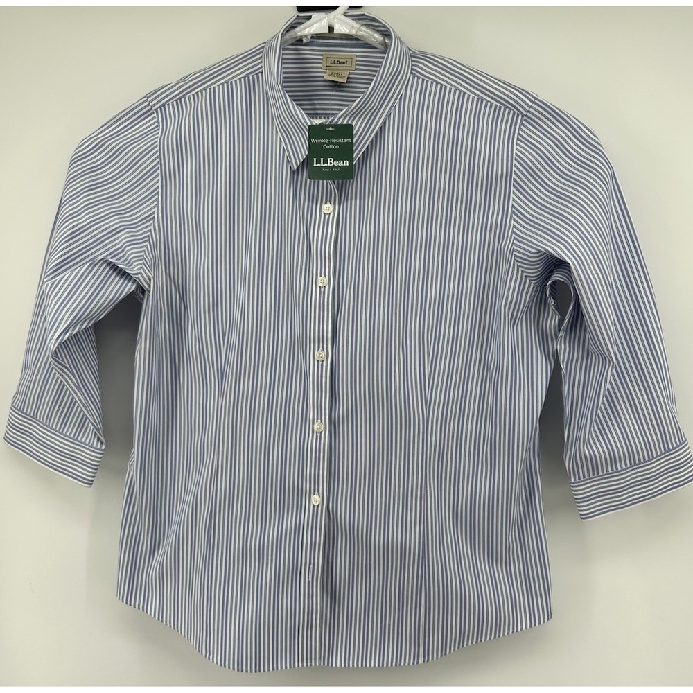 LL‎ Bean Wrinkle Resistant Cotton Blue Striped Women's Blouse XL NWT